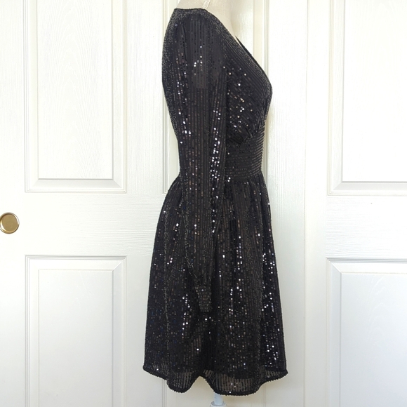 MICHAEL KORS Sequin Striped V Neck Mini Elegant Black Sequin Dress - Picture 6 of 11